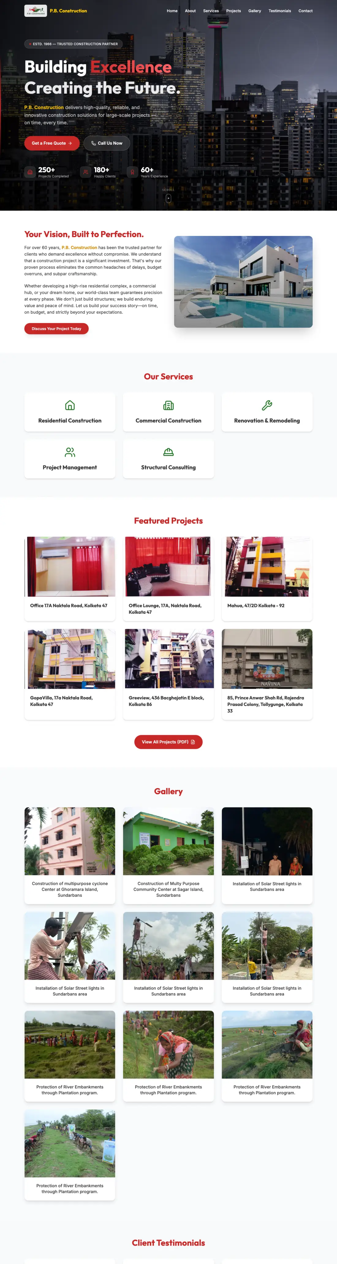 Full-page screenshot of the P.B. Construction website